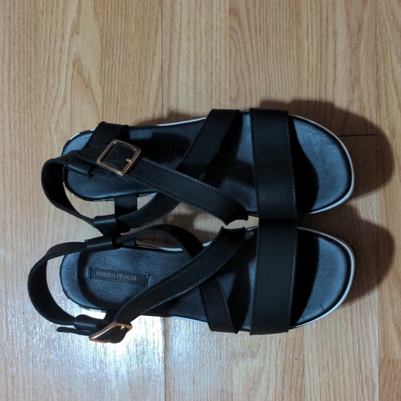 FINAL PRICE Marina Rinaldi Striped Platform Sandals Leather Black White - Picture 6 of 8